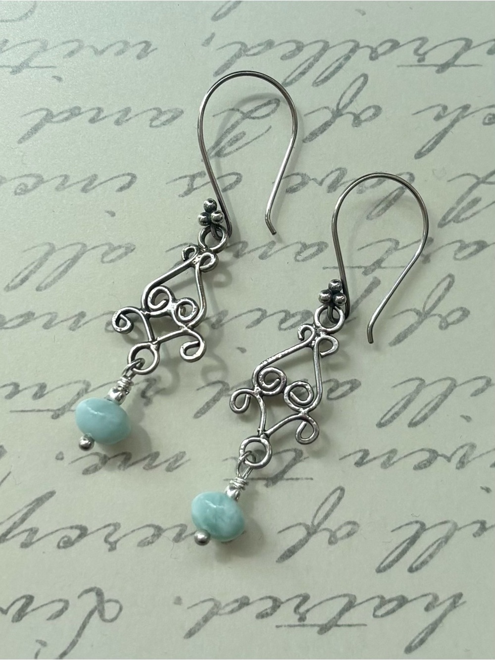 Handcrafted Sterling Silver Filigree Earrings Light Blue Larimar Gemstone Drops